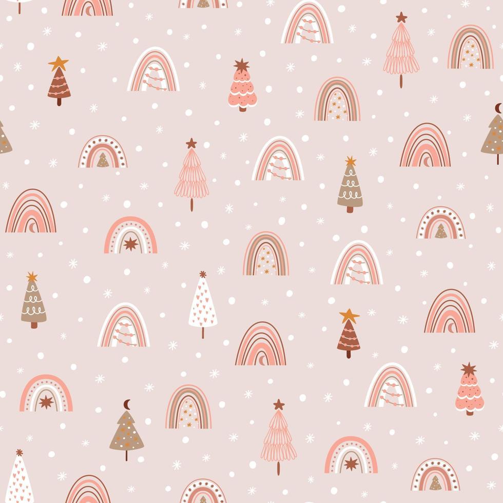 roze Kerstmis regenbogen Kerstmis boom patroon. pastel Kerstmis achtergrond. schattig winter tijd behang. roze besneeuwd winter achtergrond. Scandinavisch nordic regenboog. kinderachtig vector Woud illustratie.