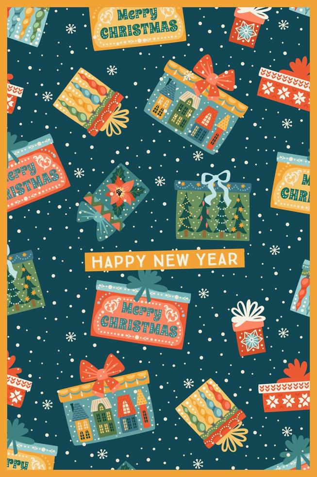 Kerstmis en gelukkig nieuw jaar illustratie met geschenk dozen. modieus retro stijl. vector ontwerp sjabloon.