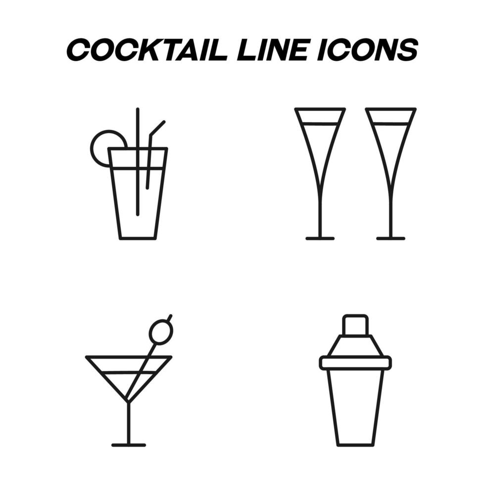 monochroom geïsoleerd symbolen getrokken met zwart dun lijn. perfect voor winkels, winkels, advertenties. vector icoon reeks met tekens van verschillend cocktails en divers alcoholisch dranken