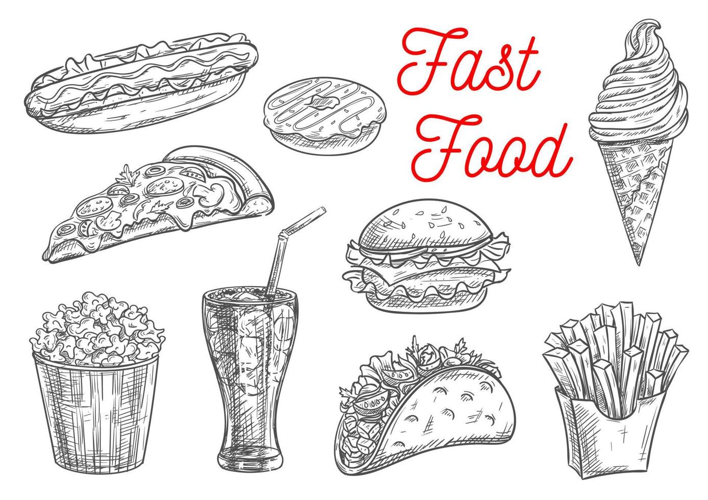 snel voedsel snacks en drankjes pictogrammen schetsen vector