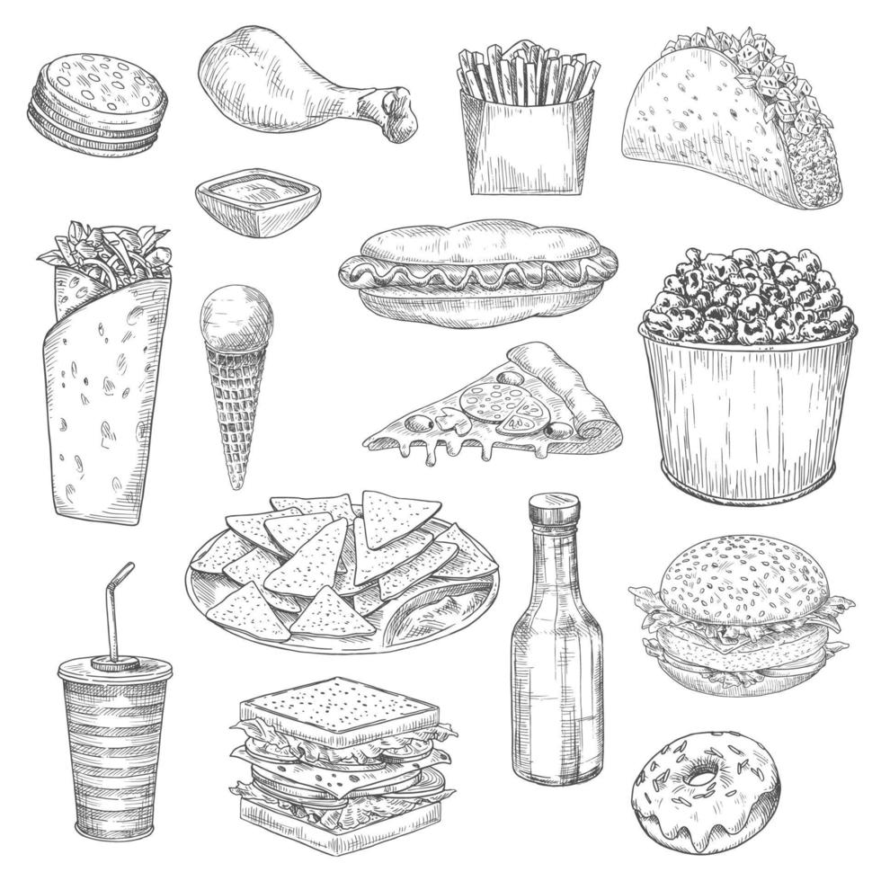 snel voedsel snacks en drankjes schetsen vector pictogrammen