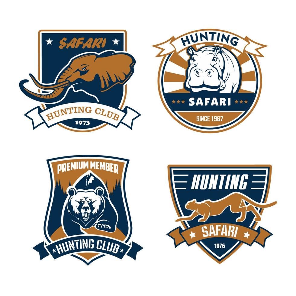 jacht- safari club vector pictogrammen, jager emblemen