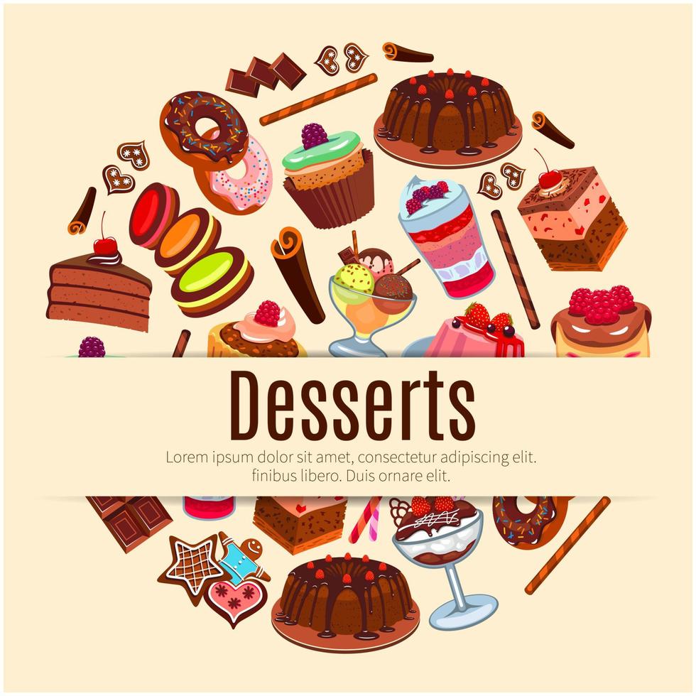 desserts vector poster voor gebakje of patisserie