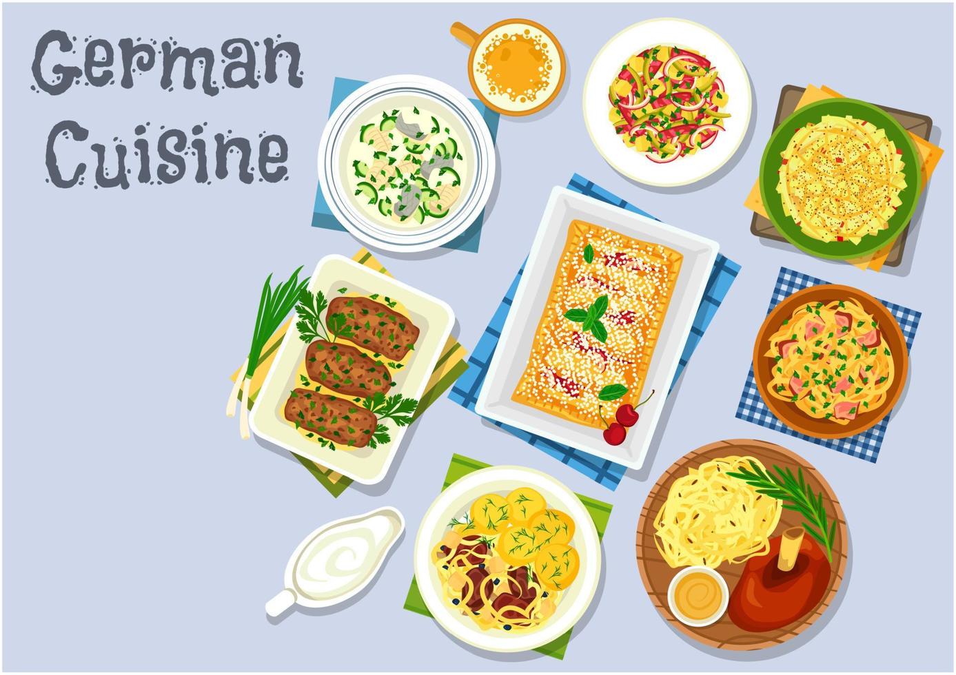 Duitse keuken avondeten met bier en toetje icoon vector