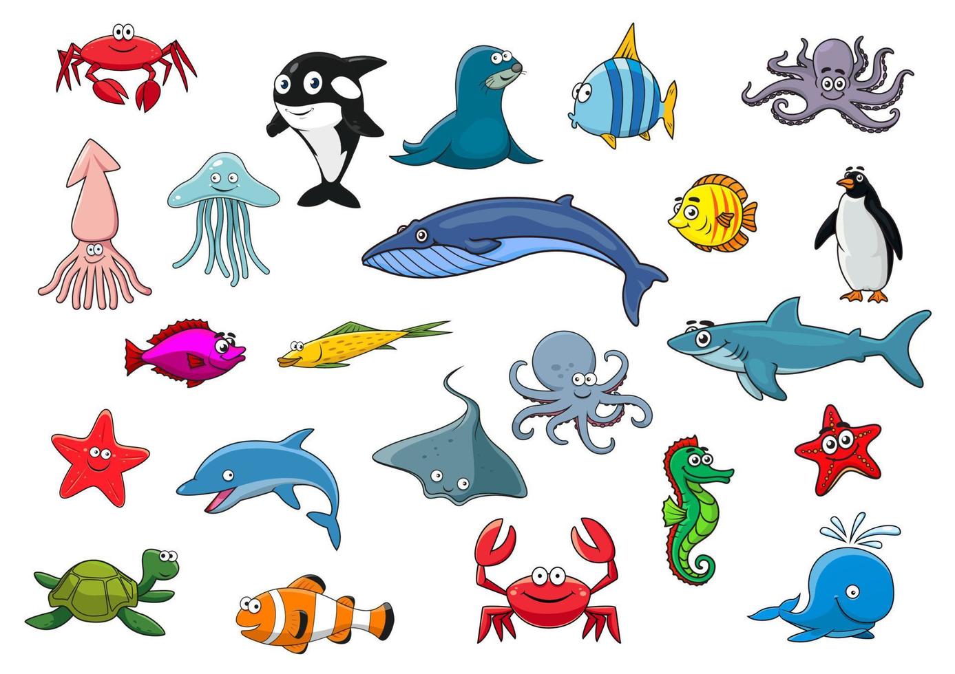 tekenfilm zee vis en oceaan dieren vector pictogrammen
