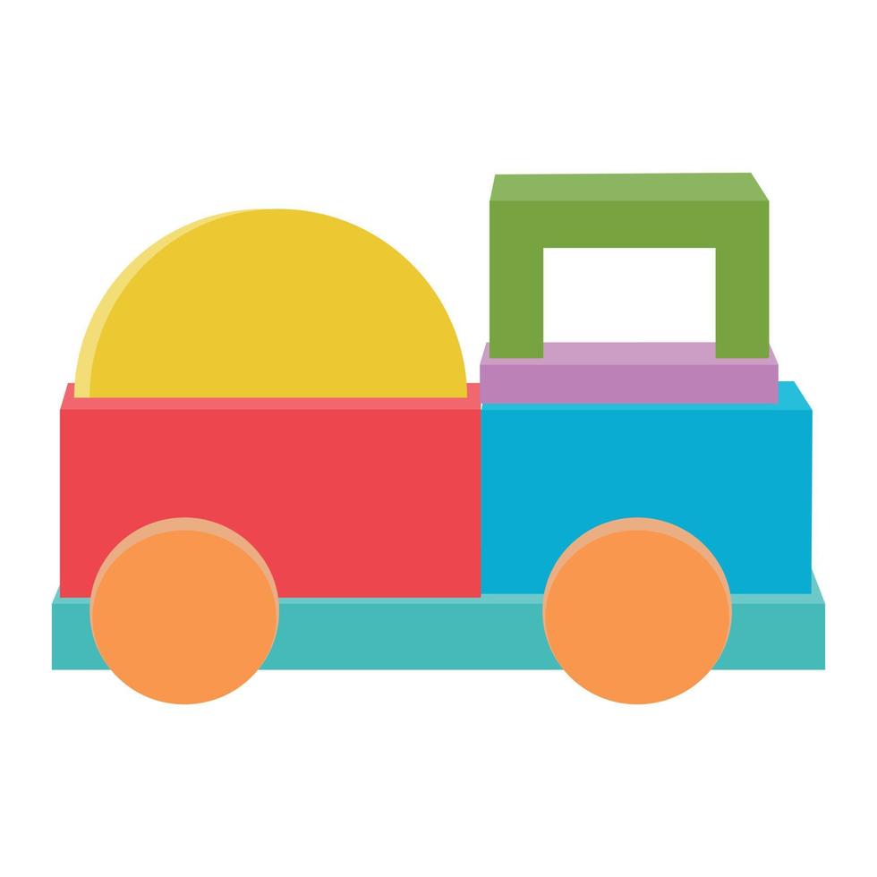 bouwvrachtwagen met zand gemaakt van gekleurde houten kubussen, vector geïsoleerde illustratie in vlakke stijl