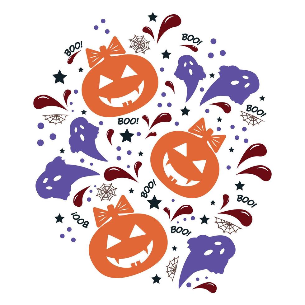 halloween pompoenen met tekst en symbolen van spinnenwebben en vleermuizen. kleur vector illustratie