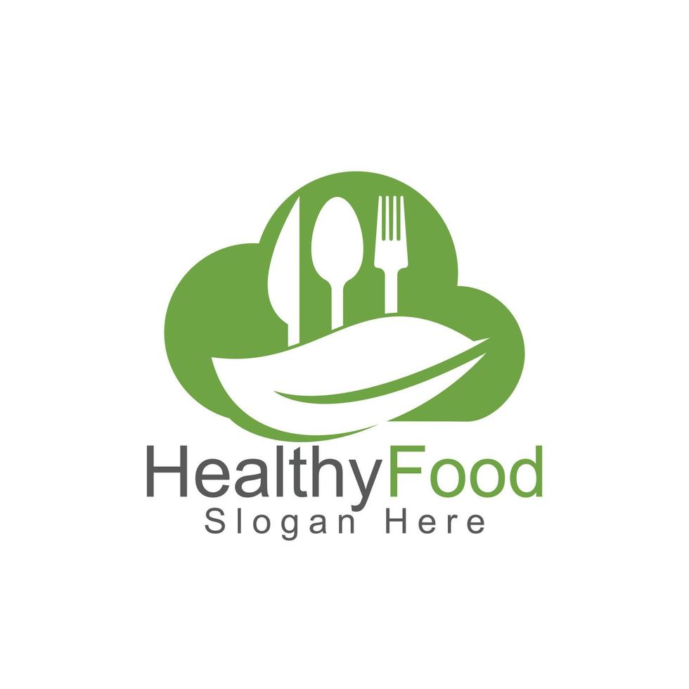 gezond voedsel wolk logo sjabloon. biologisch voedsel logo met lepel, vork, mes en blad symbool. vector