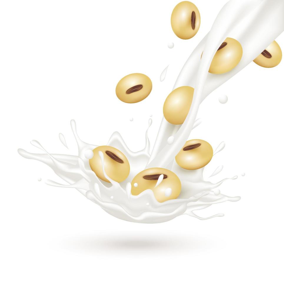 soja melk met soja bonen en melk yoghurt spatten geïsoleerd Aan wit achtergrond. opdrachten en eten gezond voedsel. Gezondheid concept. realistisch 3d vector illustratie.