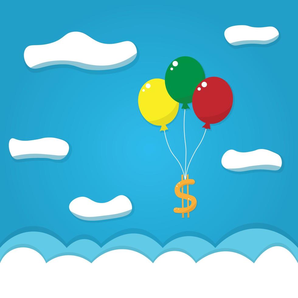 dollar teken hangende met kleurrijk ballon, bedrijf en financiën concept en papier kunst idee, vector kunst illustratie.