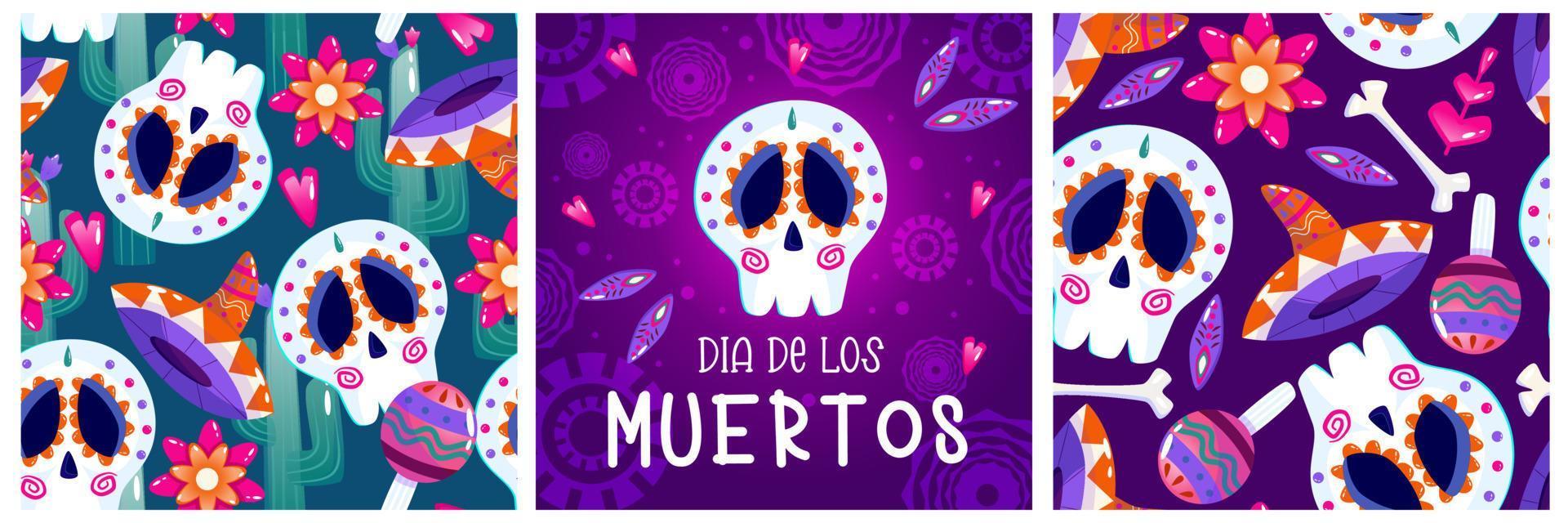 Muertos poster set, dag dood met schedel Aan Purper achtergrond. halloween kostuum. tekenfilm vector illustratie. vakantie Muertos achtergrond. Mexico Catrina skelet naadloos patroon.