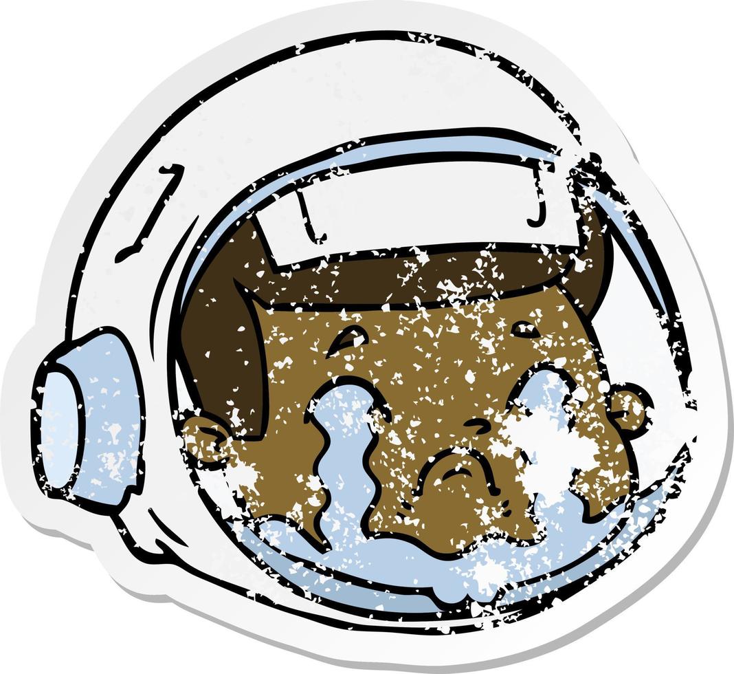 verontruste sticker van een huilend cartoon-astronautgezicht vector