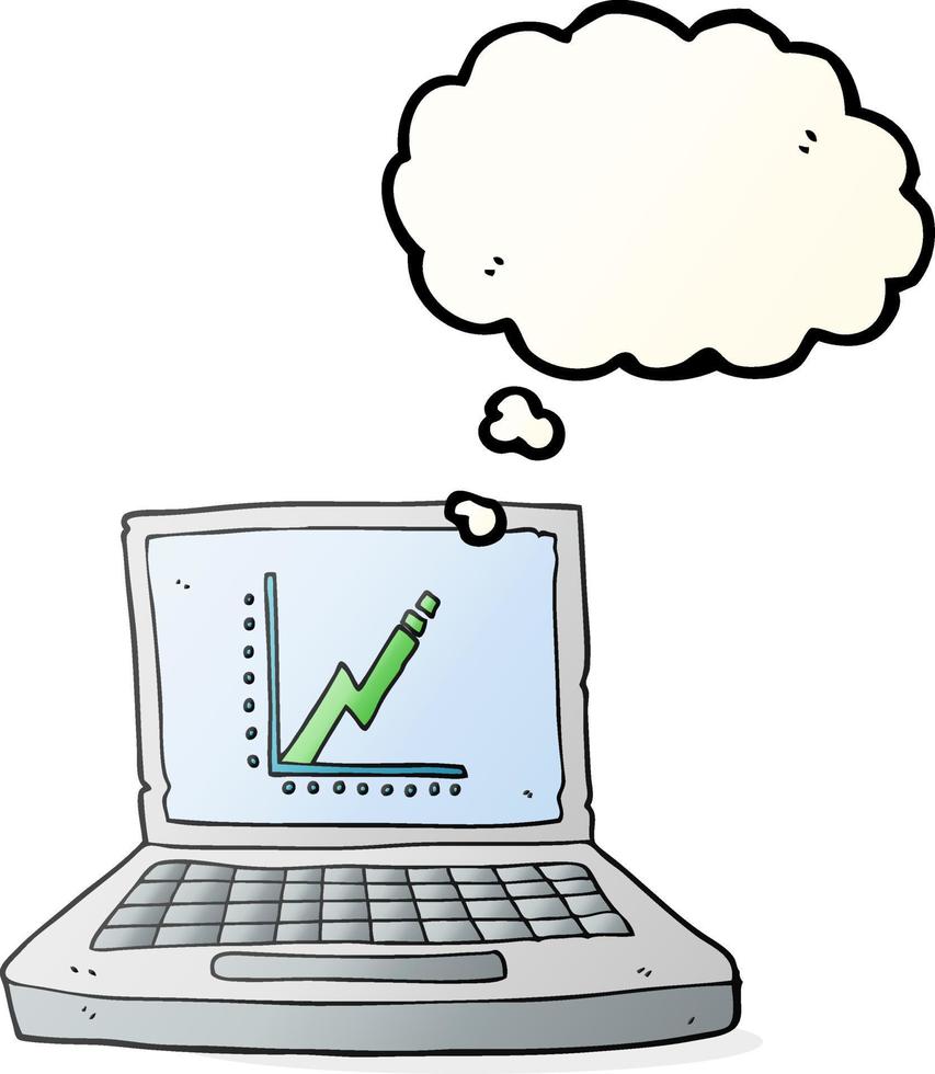 uit de vrije hand getrokken gedachte bubbel tekenfilm laptop computer met bedrijf diagram vector
