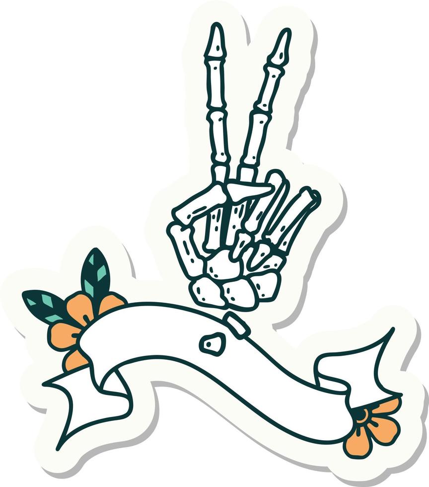 tatoeëren stijl sticker met banier van een skelet geven een vrede teken vector