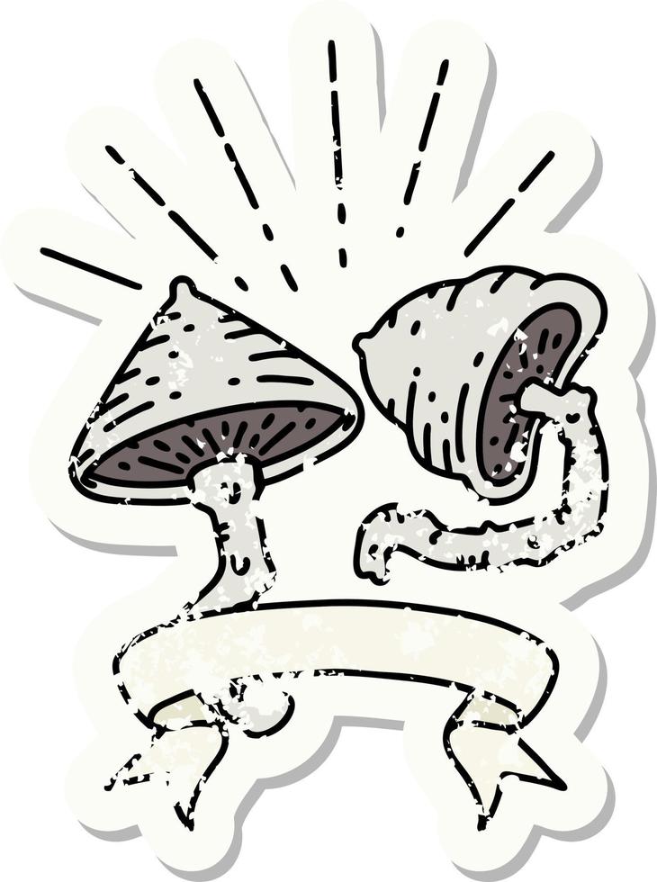 versleten oud sticker van een tatoeëren stijl champignons vector