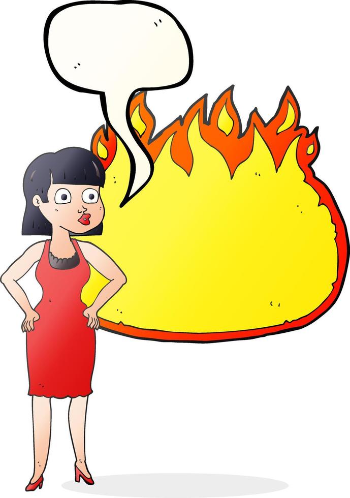 uit de vrije hand getrokken toespraak bubbel tekenfilm vrouw in jurk met handen Aan heupen en vlam banier vector