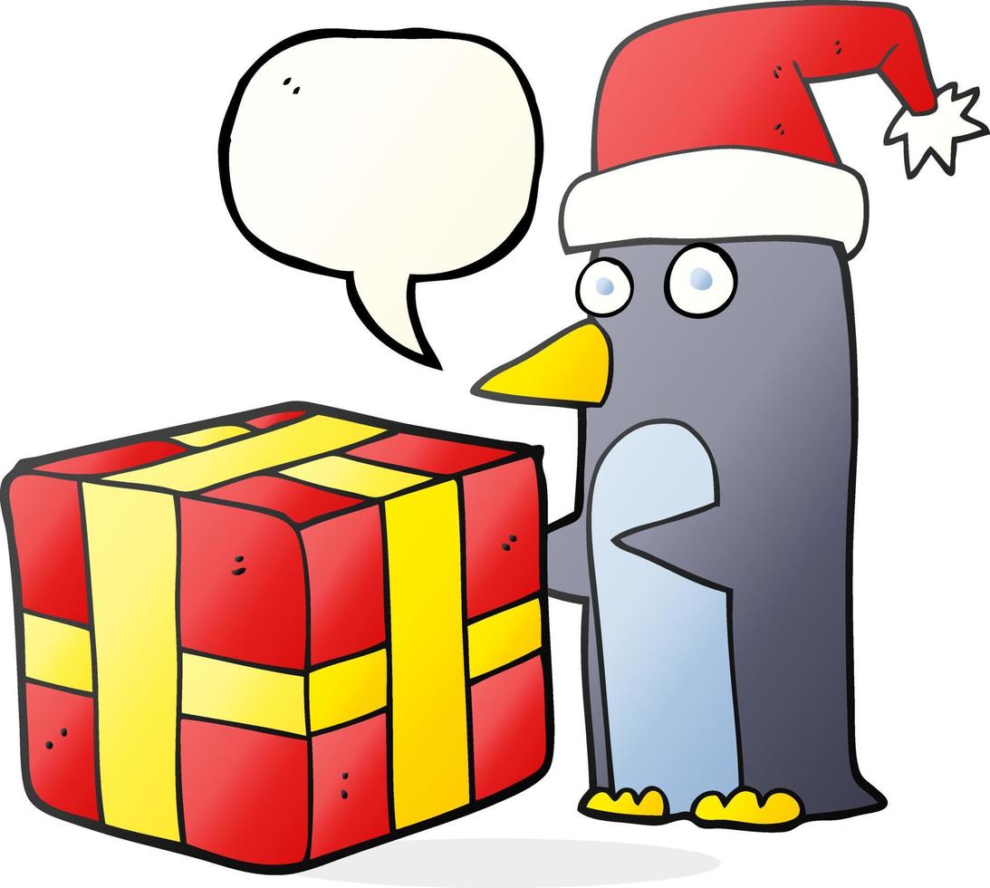 uit de vrije hand getrokken toespraak bubbel tekenfilm Kerstmis pinguïn met Cadeau vector