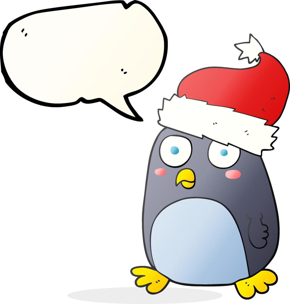 uit de vrije hand getrokken toespraak bubbel tekenfilm pinguïn in Kerstmis hoed vector