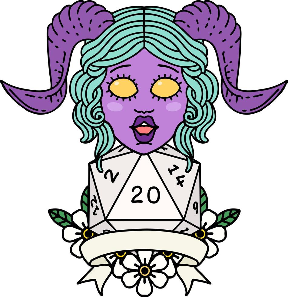 retro tatoeëren stijl tiefling met natuurlijk twintig Dobbelsteen rollen vector