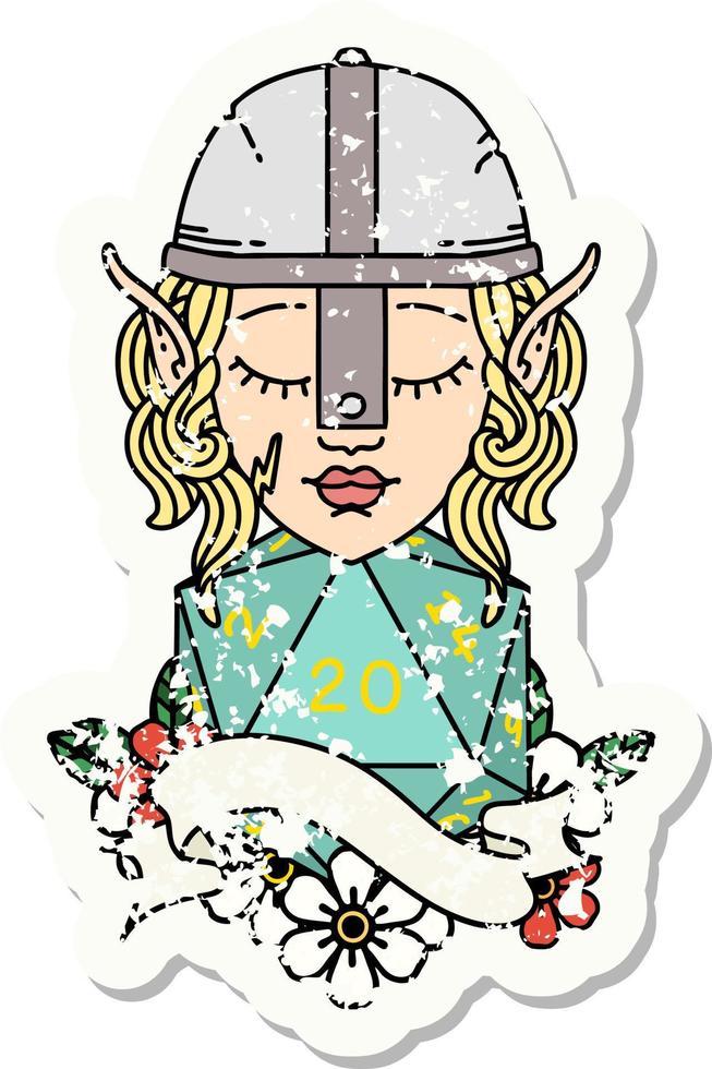 grunge sticker van een elf vechter met natuurlijk twintig Dobbelsteen rollen vector