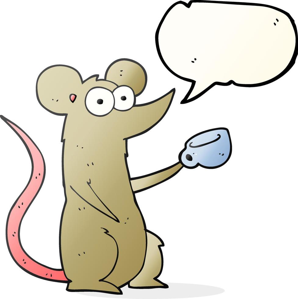 uit de vrije hand getrokken toespraak bubbel tekenfilm muis met koffie kop vector
