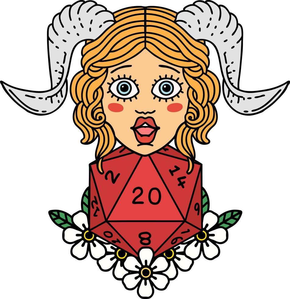 retro tatoeëren stijl tiefling met natuurlijk twintig Dobbelsteen rollen vector