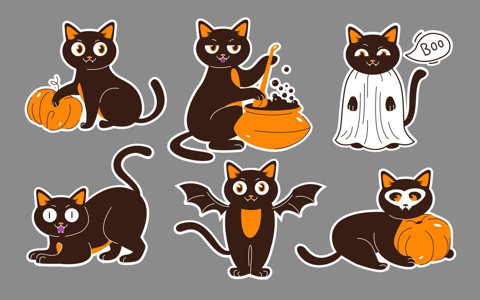 halloween katten stickers. zwart katten met een pompoen, in kostuums en met een toverdrank. vlak vector illustratie