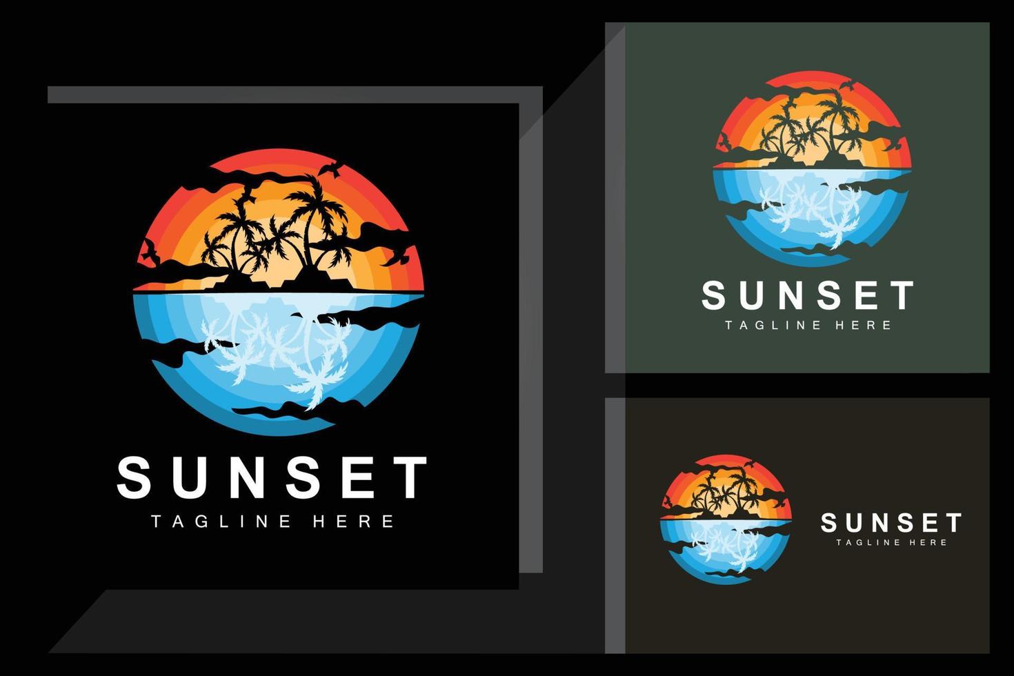 zonsondergang strand logo ontwerp, zeegezicht illustratie, rood dag vakantie plek vector