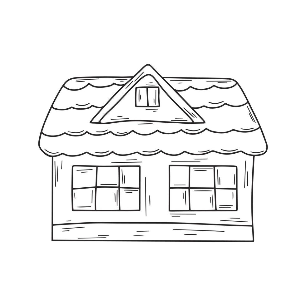houten dorp huis met een zolder zwart schetsen Aan wit achtergrond vector