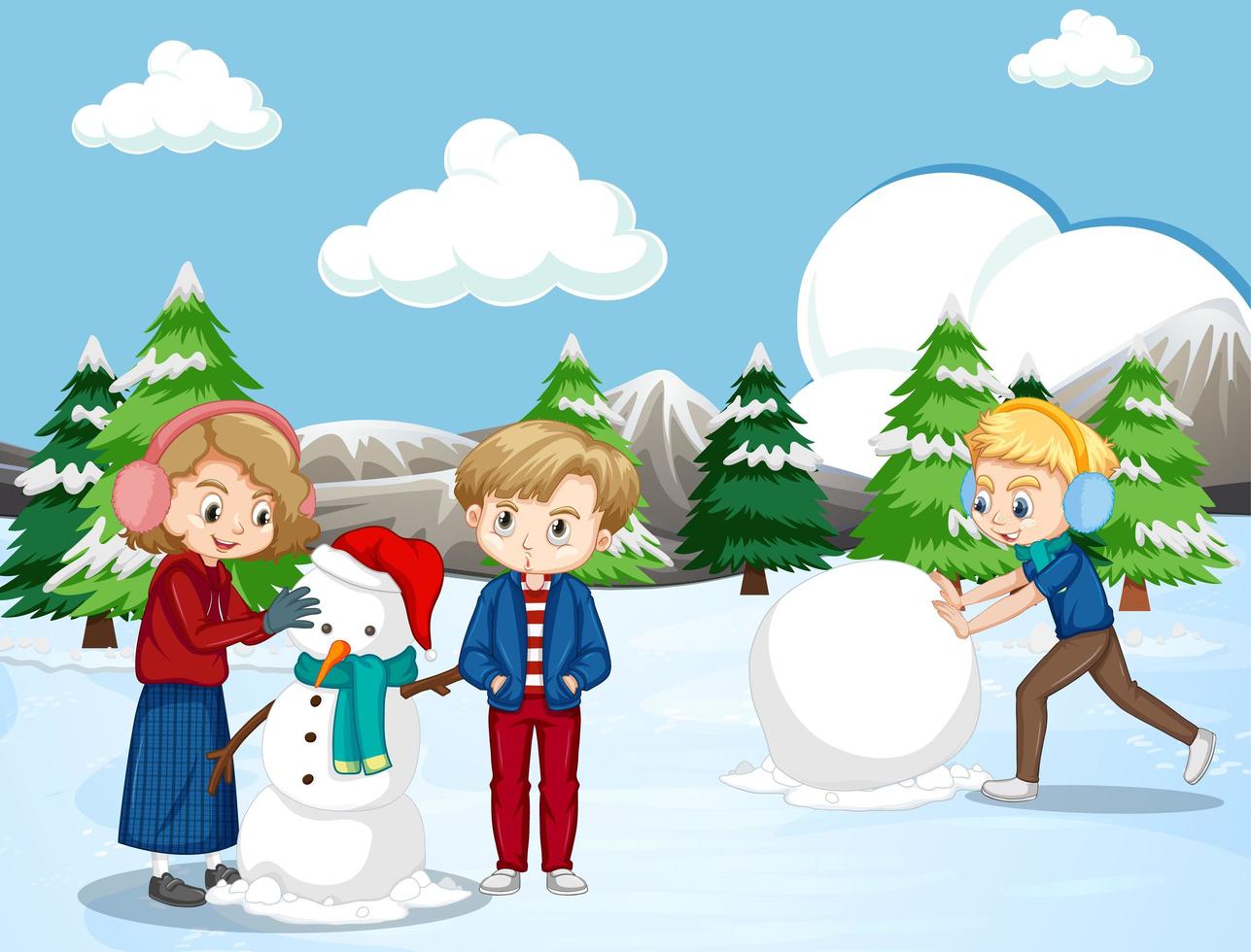 gelukkige kinderen sneeuwpop maken vector