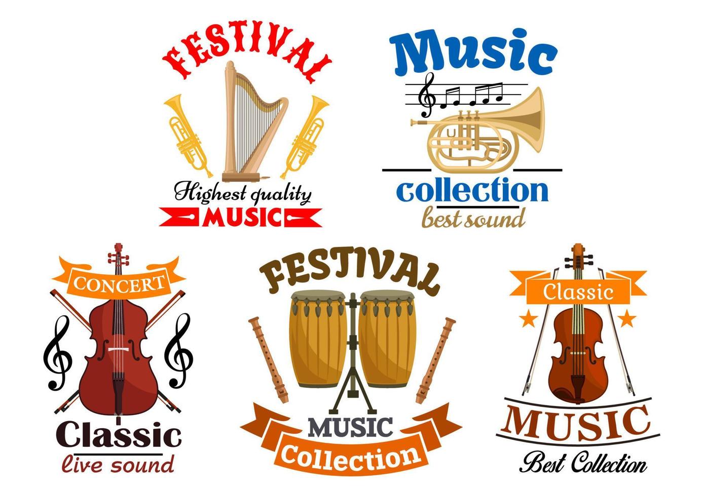 emblemen voor klassiek, leven muziek- festival, concert vector