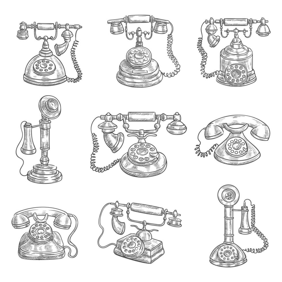 oud retro telefoons potlood schetsen pictogrammen vector