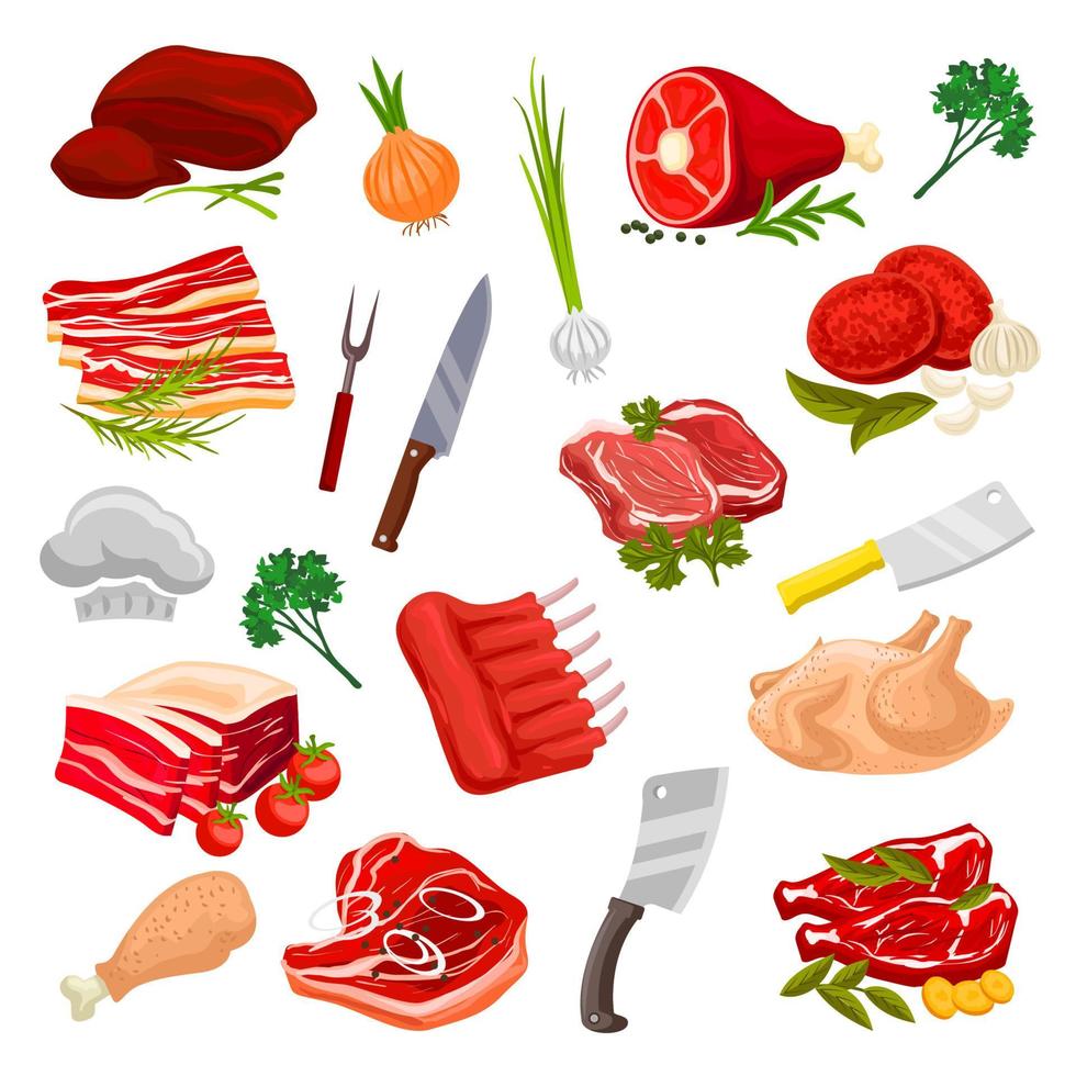 slagerij vlees, slager winkel producten vector pictogrammen
