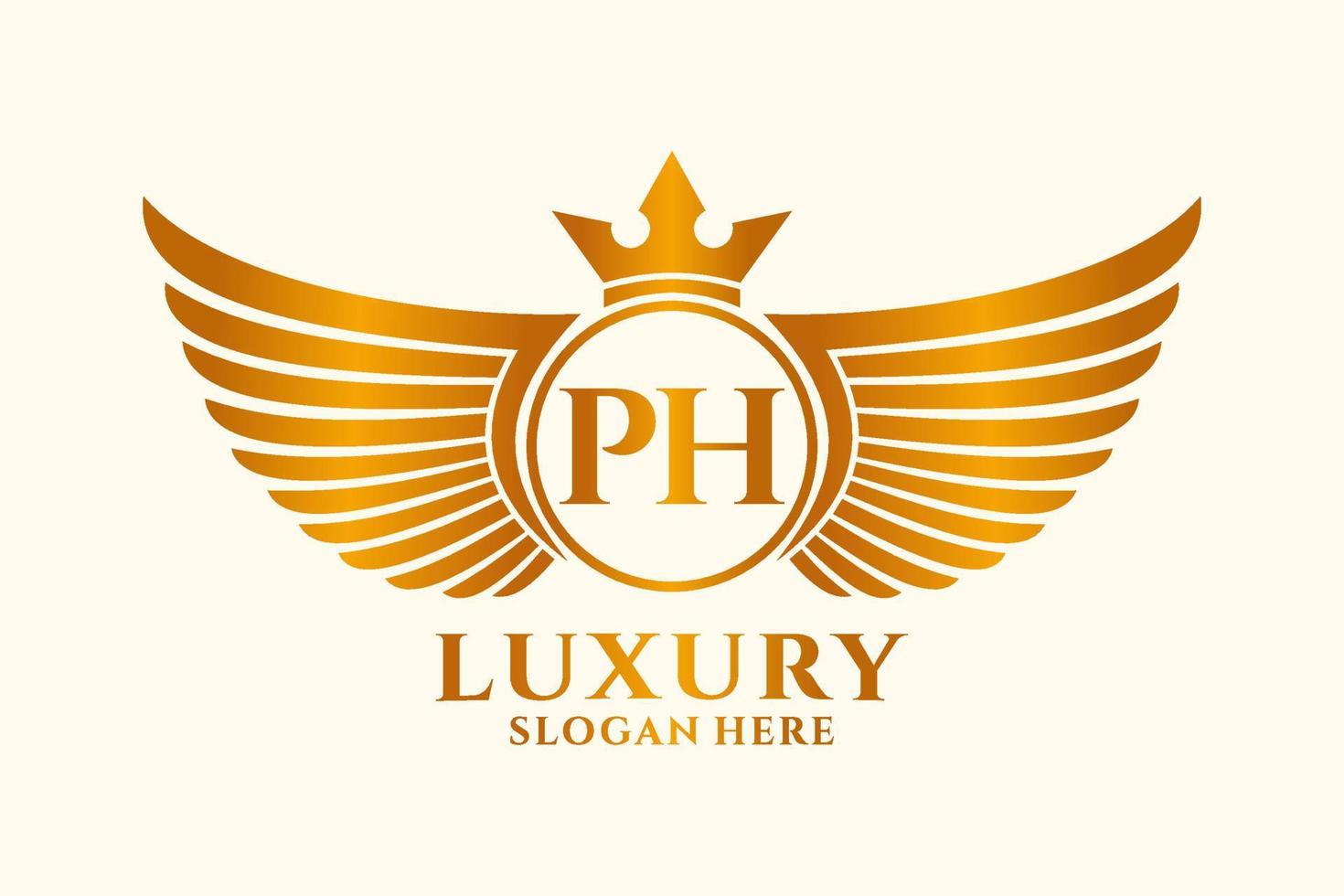 luxe Koninklijk vleugel brief ph kam goud kleur logo vector, zege logo, kam logo, vleugel logo, vector logo sjabloon.