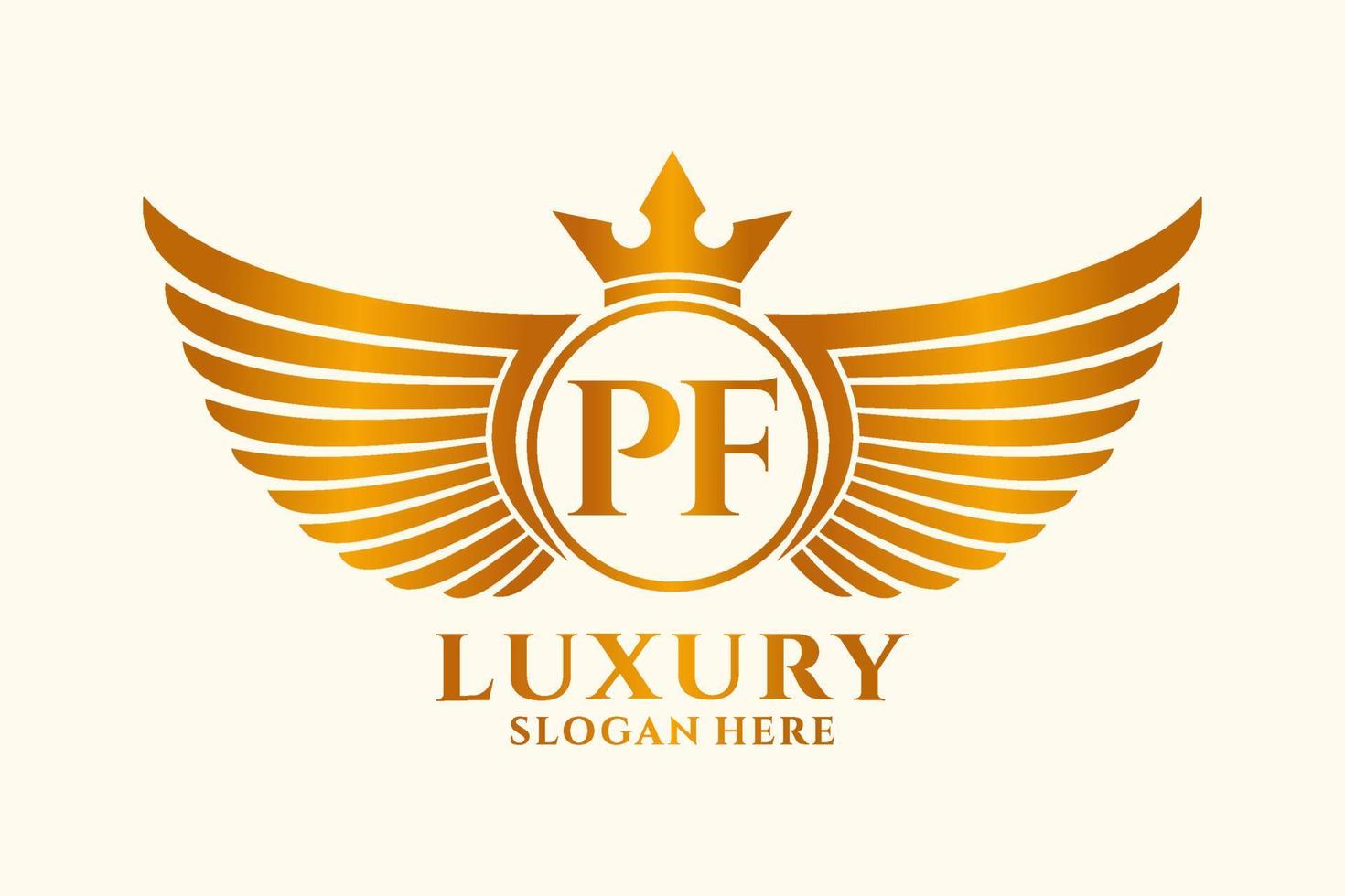 luxe Koninklijk vleugel brief pf kam goud kleur logo vector, zege logo, kam logo, vleugel logo, vector logo sjabloon.