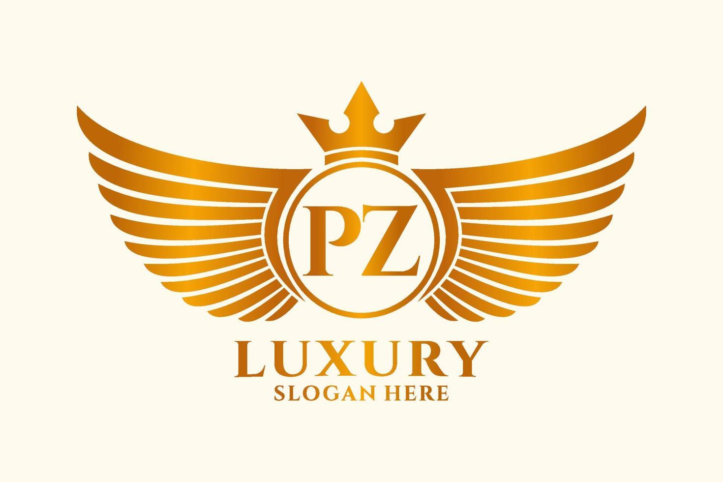 luxe Koninklijk vleugel brief pz kam goud kleur logo vector, zege logo, kam logo, vleugel logo, vector logo sjabloon.