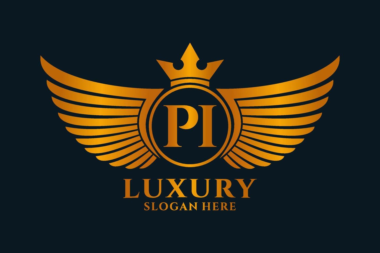 luxe Koninklijk vleugel brief pi kam goud kleur logo vector, zege logo, kam logo, vleugel logo, vector logo sjabloon.