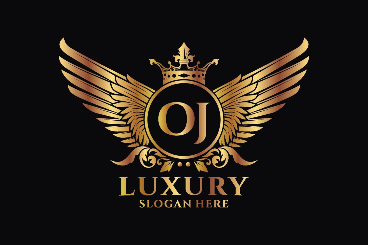 luxe Koninklijk vleugel brief oj kam goud kleur logo vector, zege logo, kam logo, vleugel logo, vector logo sjabloon.