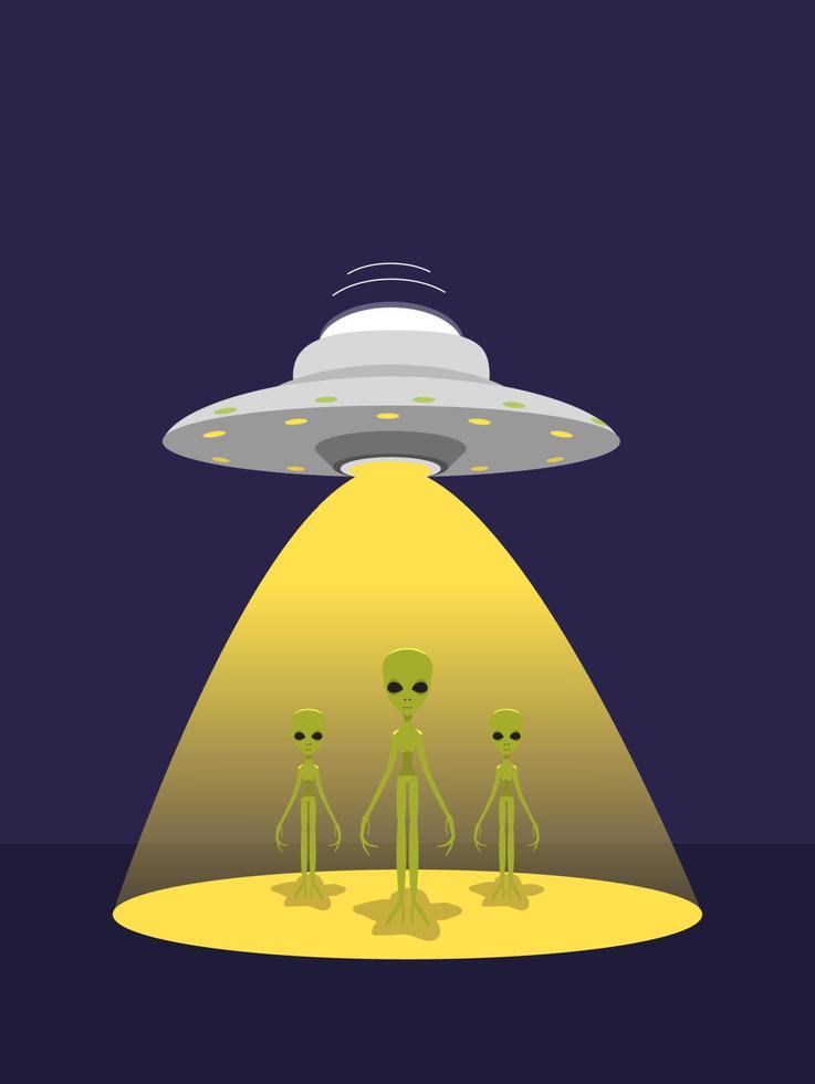 ufo ruimteschip. kosmisch ruimtevaartuig in de nacht met buitenaardse wezens. ruimte schip. vector illustratie