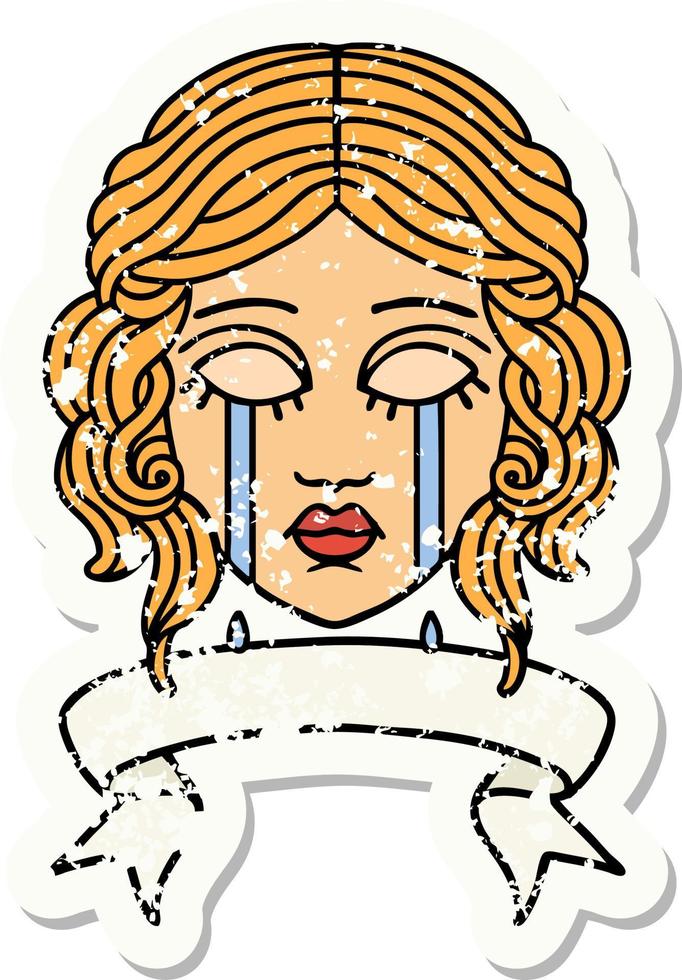 versleten oud sticker met banier van vrouw gezicht huilen vector