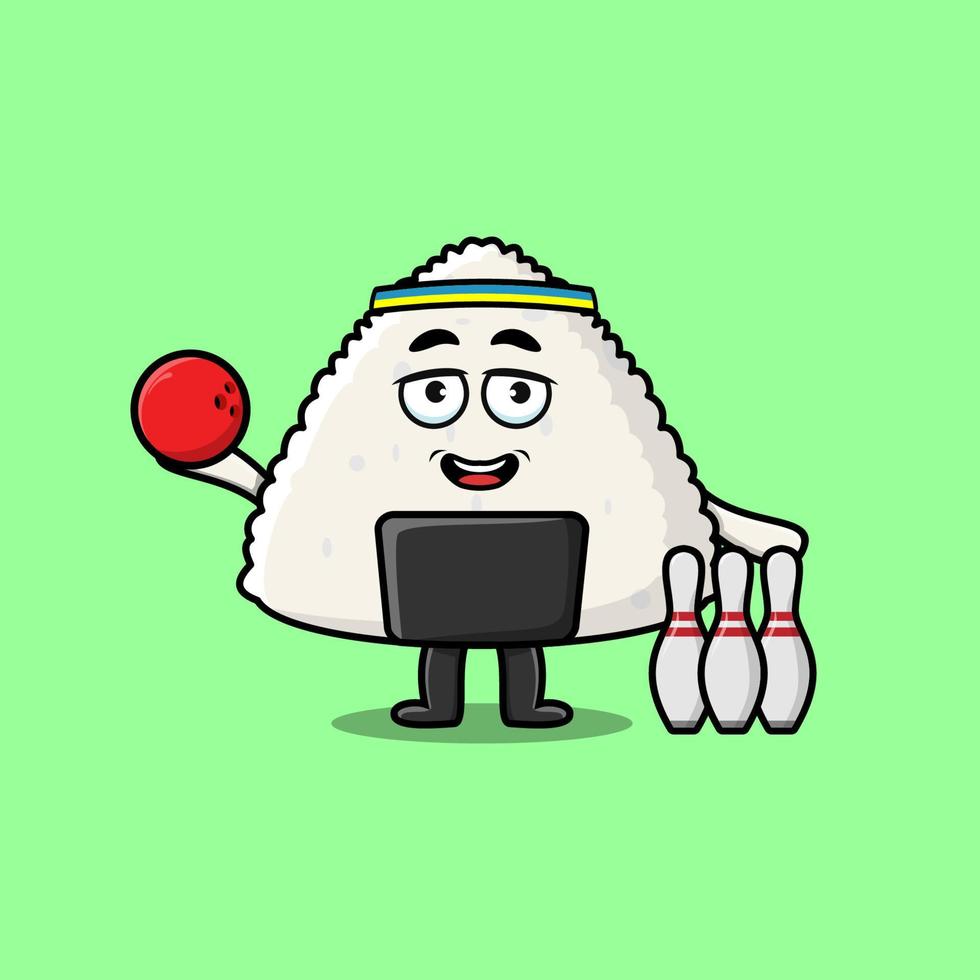 schattig tekenfilm rijst- Japans sushi spelen bowling vector