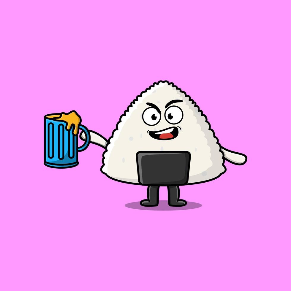 rijst- Japans sushi tekenfilm mascotte met bier glas vector