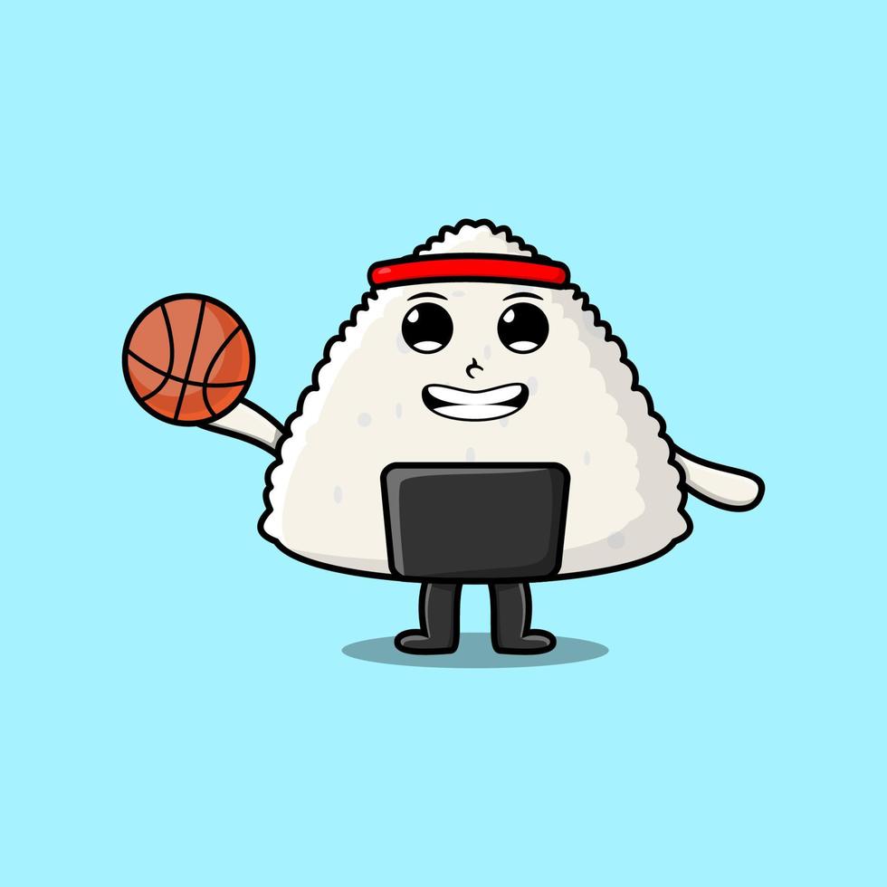 schattig tekenfilm rijst- Japans sushi Speel basketbal vector