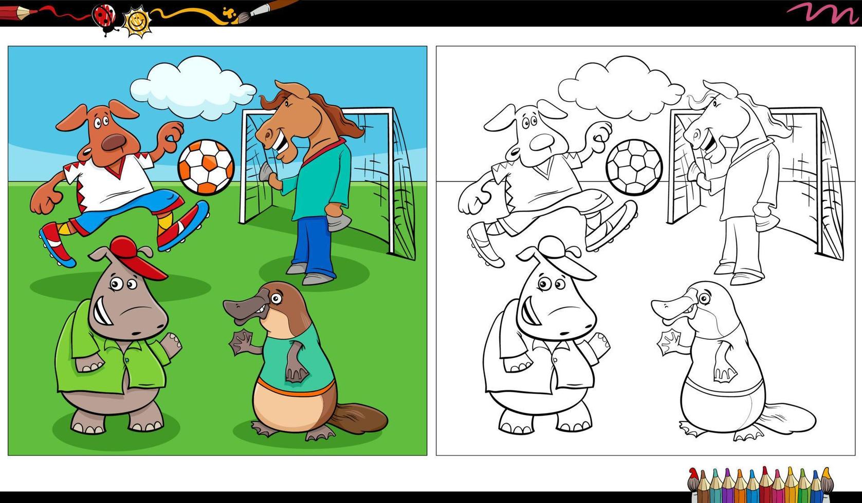 tekenfilm dieren groep spelen voetbal kleur bladzijde vector