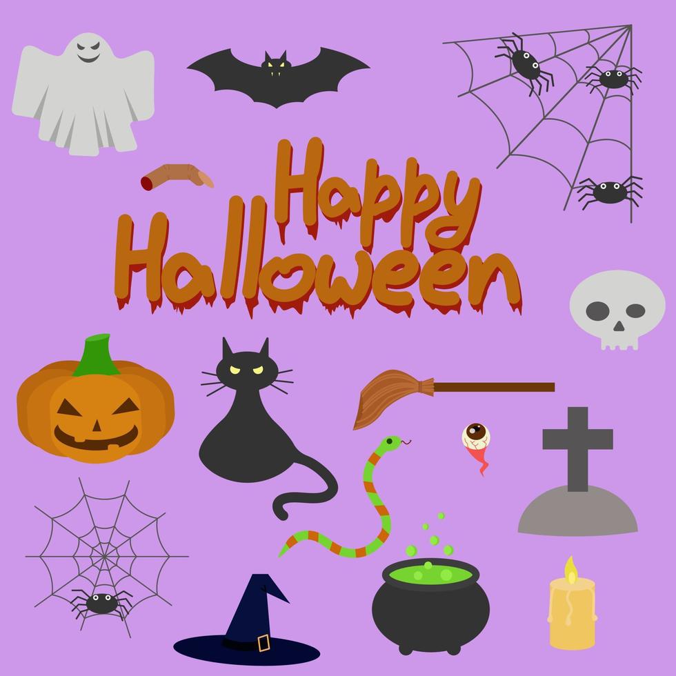 gelukkig halloween. een reeks van pictogrammen. pompoen, geest, kat, knuppel, spin web. tekenfilm vector illustratie.