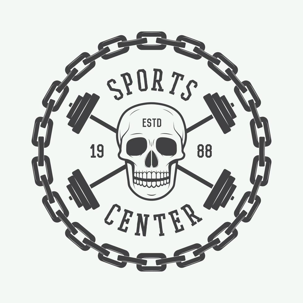 wijnoogst Sportschool logo, embleem, insigne, etiket of watermerk met schedel en uitrusting in retro stijl. vector illustratie