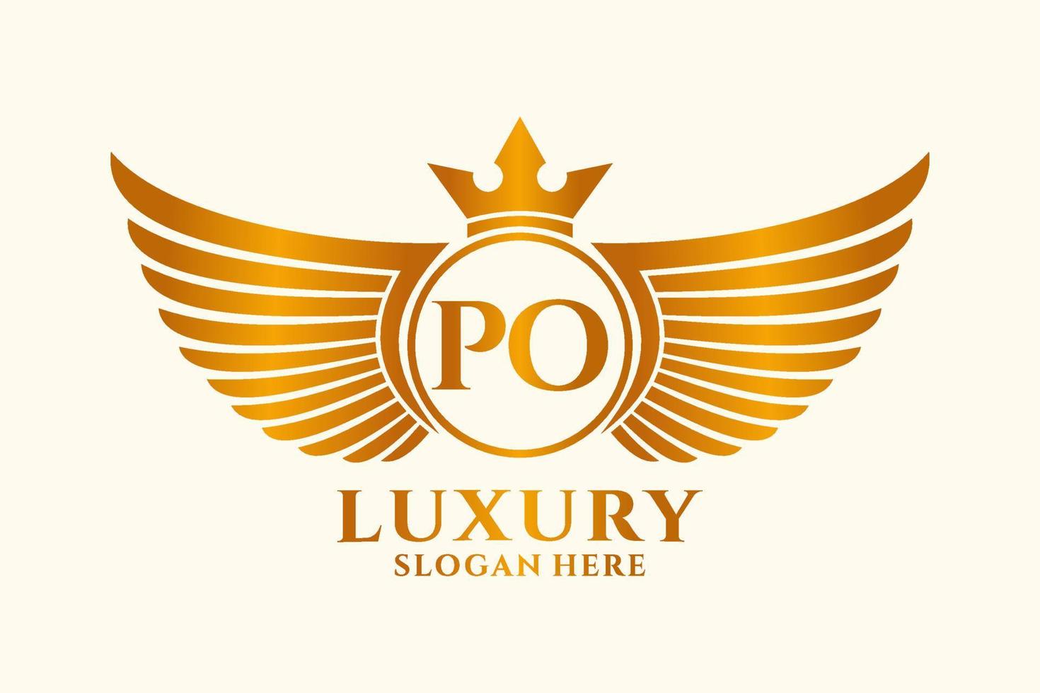 luxe Koninklijk vleugel brief po kam goud kleur logo vector, zege logo, kam logo, vleugel logo, vector logo sjabloon.
