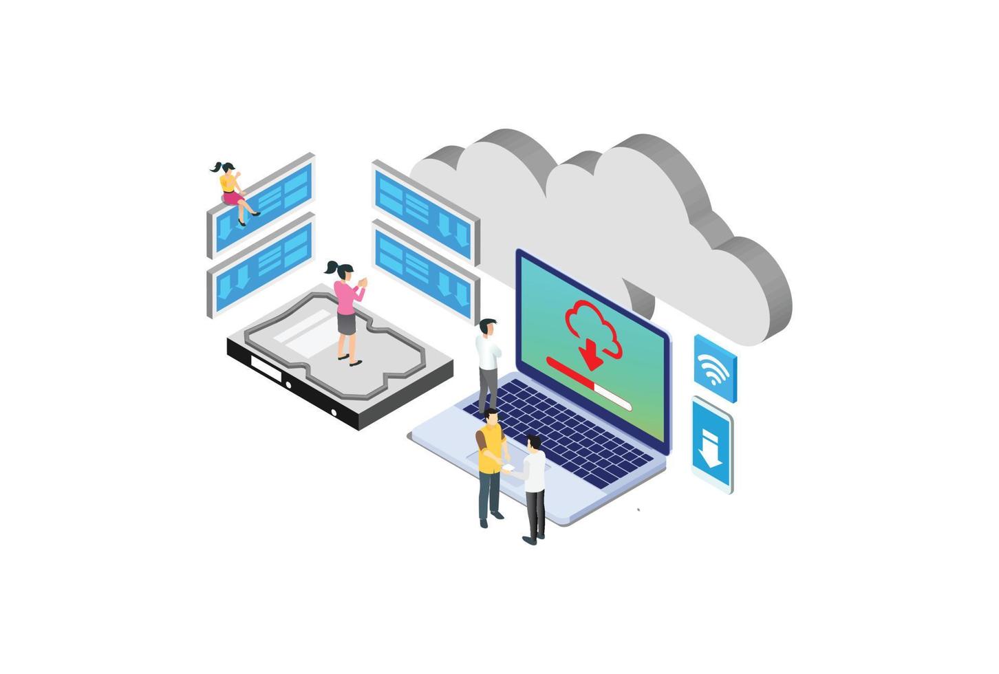 internet datacenter verbinding, beheerder van web hosting concept. karakter en tekst voor Diensten. tech reparatie centrum hardware software databank voor veilig server. vlak isometrische vector illustratie