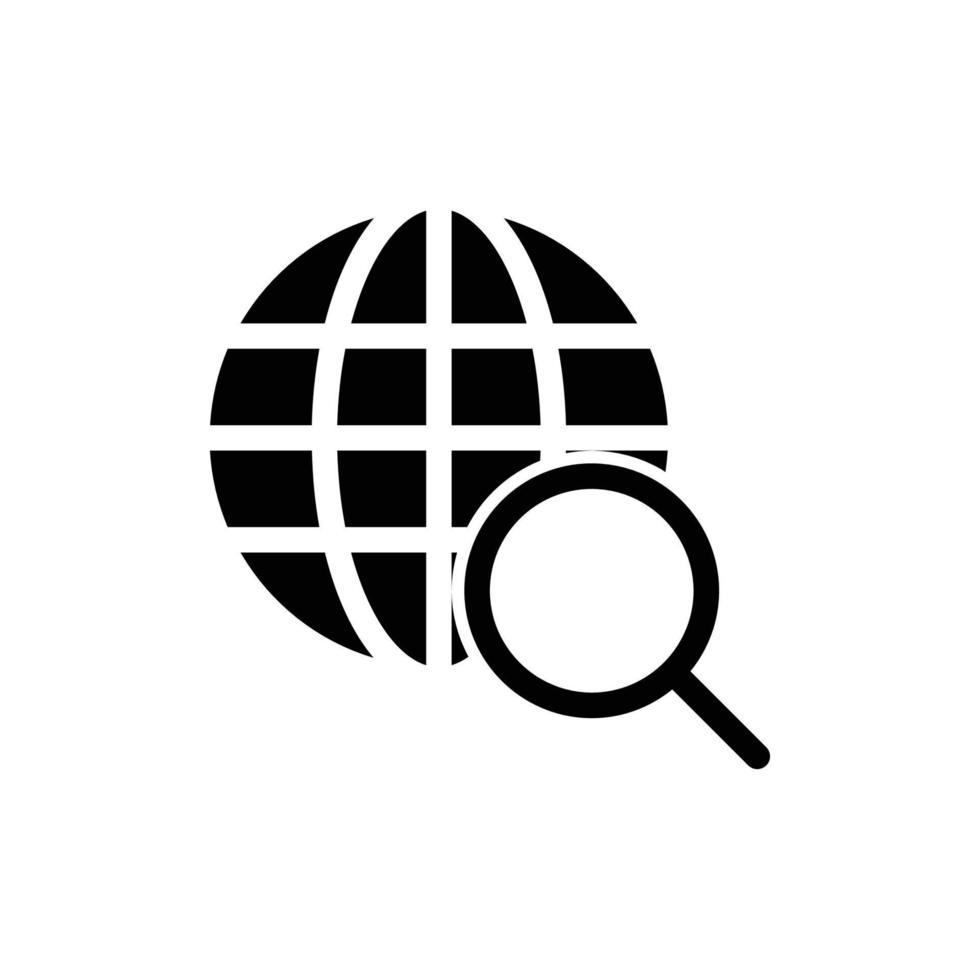 website zoeken icoon met wereldbol en vergroten glas in zwart solide stijl vector