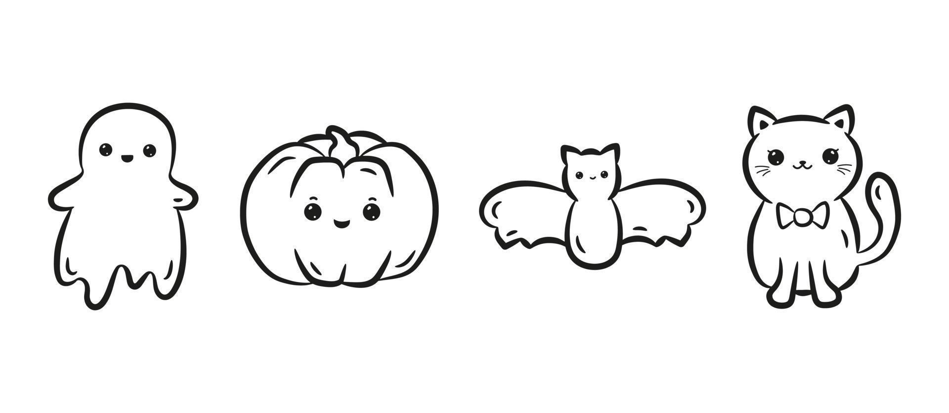 reeks van kawaii halloween karakters. verzameling van schattig kawaii pompoen, kat, knuppel en geest in zwart lineair tekening stijl. vector illustratie